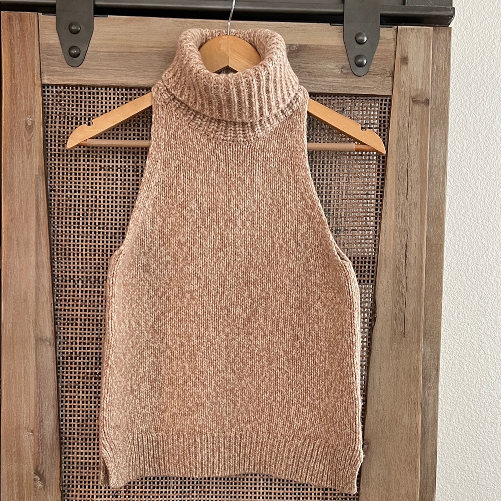 NWOT Cozy Tan Turtleneck Merino Wool Sweater Vest